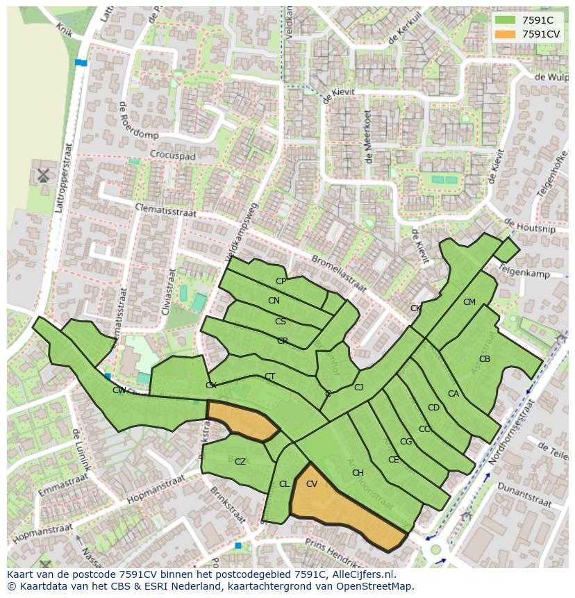 Afbeelding van het postcodegebied 7591 CV op de kaart.