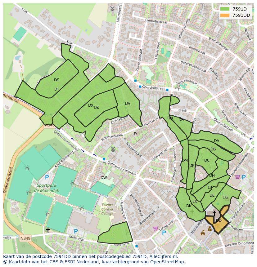 Afbeelding van het postcodegebied 7591 DD op de kaart.