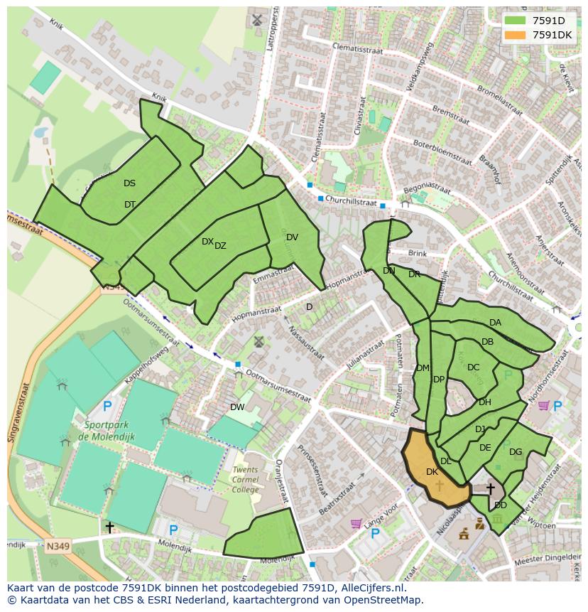 Afbeelding van het postcodegebied 7591 DK op de kaart.