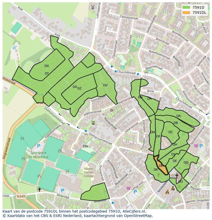 Afbeelding van het postcodegebied 7591 DL op de kaart.