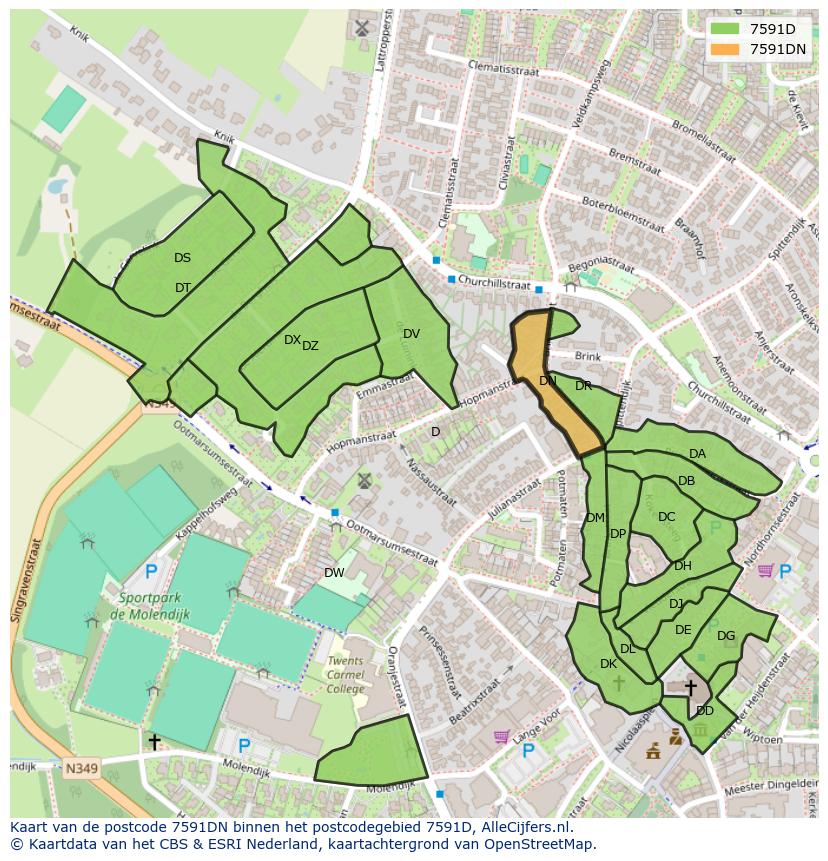 Afbeelding van het postcodegebied 7591 DN op de kaart.