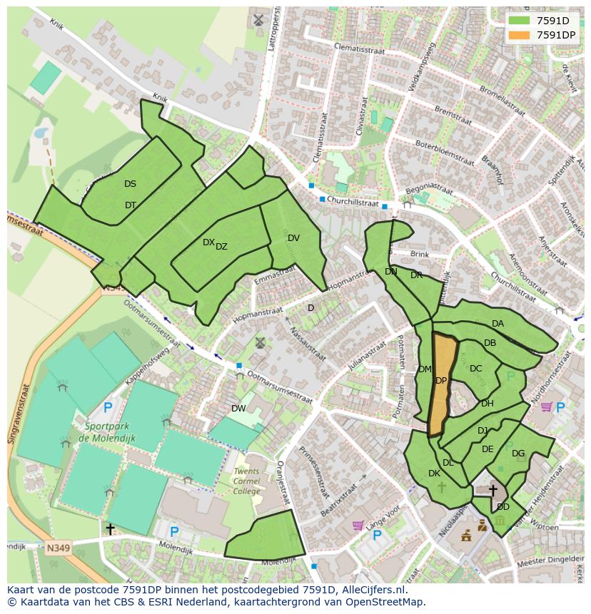 Afbeelding van het postcodegebied 7591 DP op de kaart.