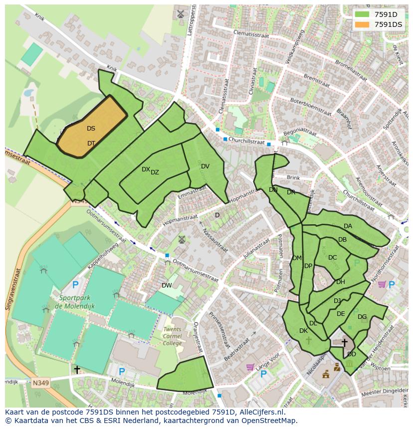 Afbeelding van het postcodegebied 7591 DS op de kaart.