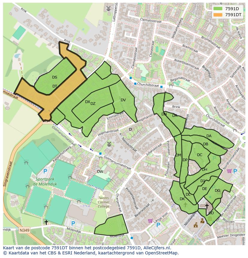 Afbeelding van het postcodegebied 7591 DT op de kaart.