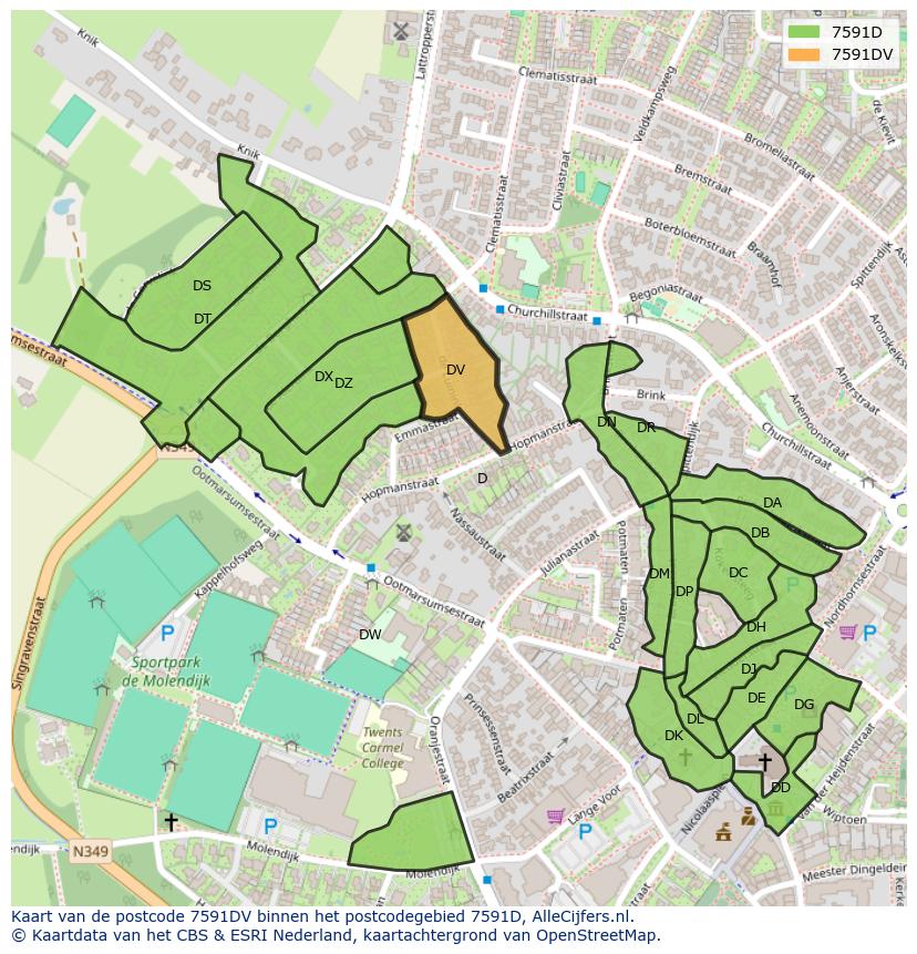 Afbeelding van het postcodegebied 7591 DV op de kaart.