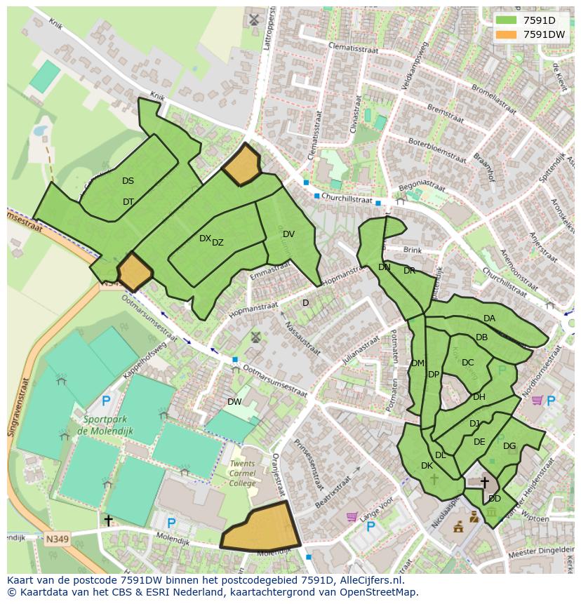 Afbeelding van het postcodegebied 7591 DW op de kaart.