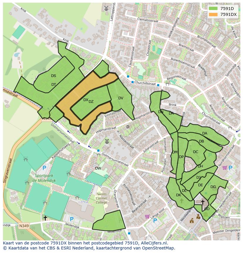 Afbeelding van het postcodegebied 7591 DX op de kaart.