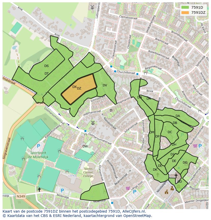 Afbeelding van het postcodegebied 7591 DZ op de kaart.