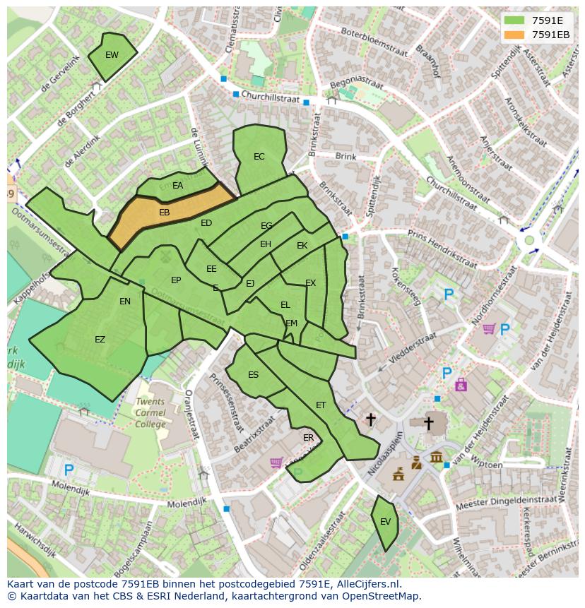 Afbeelding van het postcodegebied 7591 EB op de kaart.
