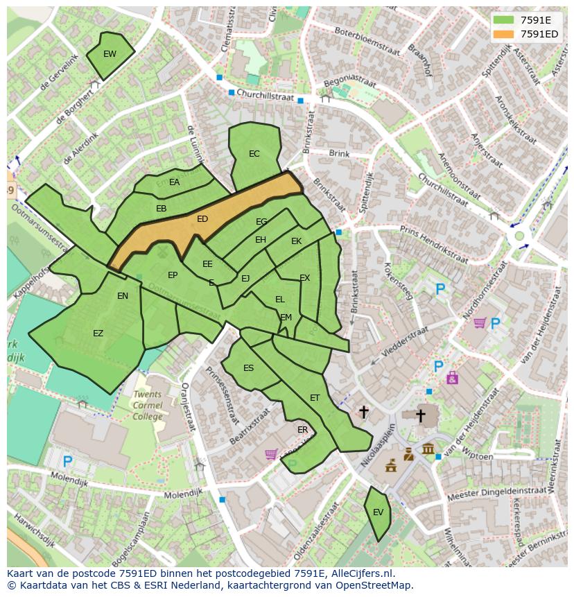 Afbeelding van het postcodegebied 7591 ED op de kaart.