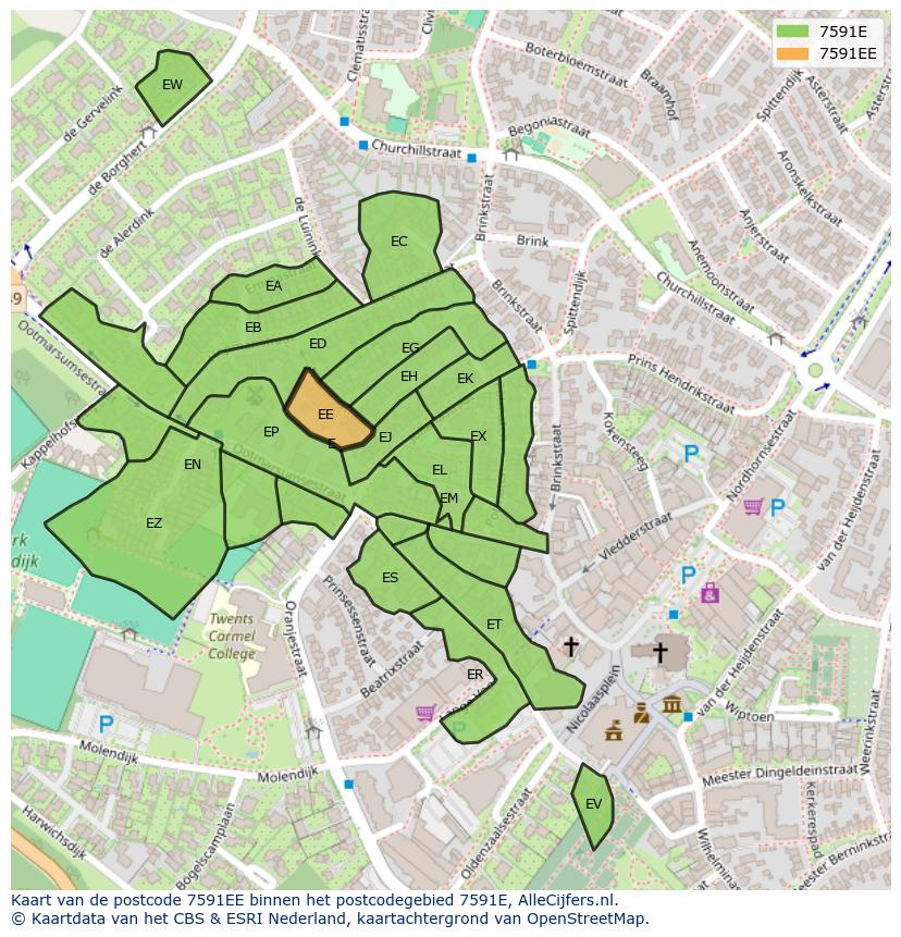 Afbeelding van het postcodegebied 7591 EE op de kaart.