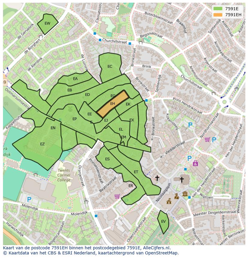 Afbeelding van het postcodegebied 7591 EH op de kaart.