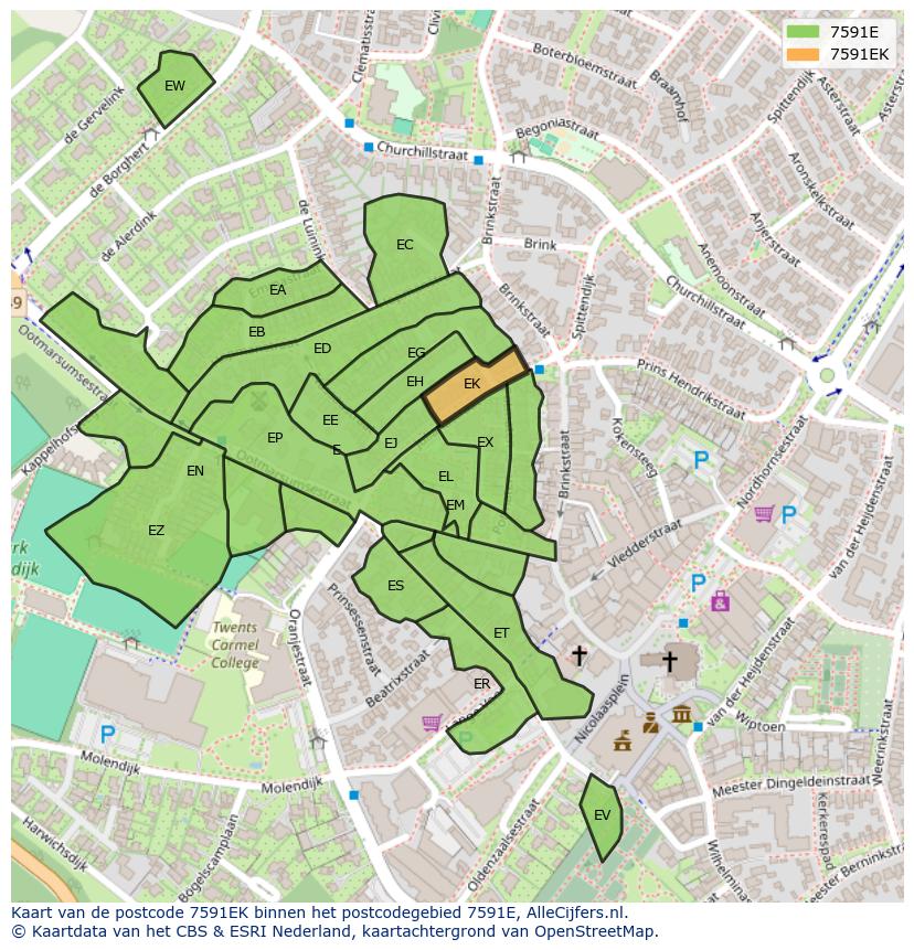 Afbeelding van het postcodegebied 7591 EK op de kaart.