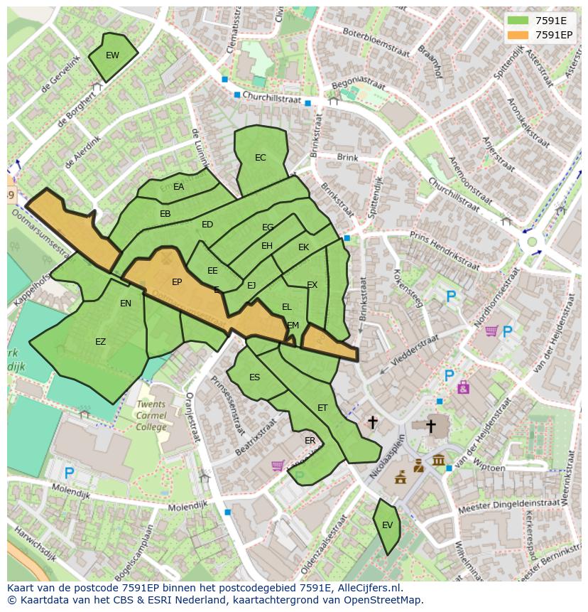 Afbeelding van het postcodegebied 7591 EP op de kaart.