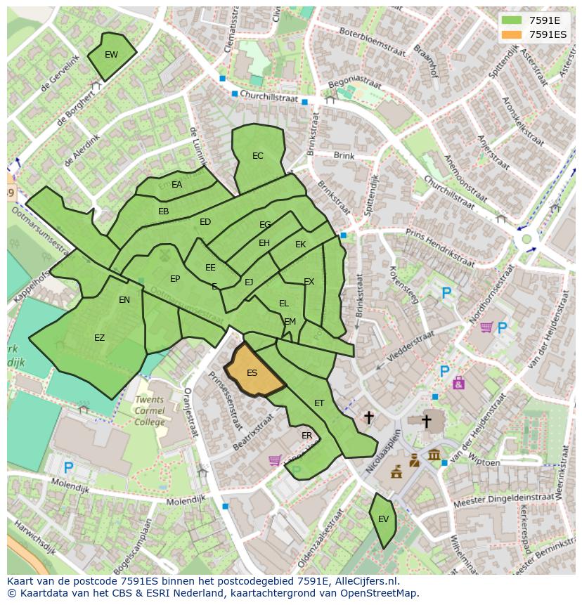 Afbeelding van het postcodegebied 7591 ES op de kaart.