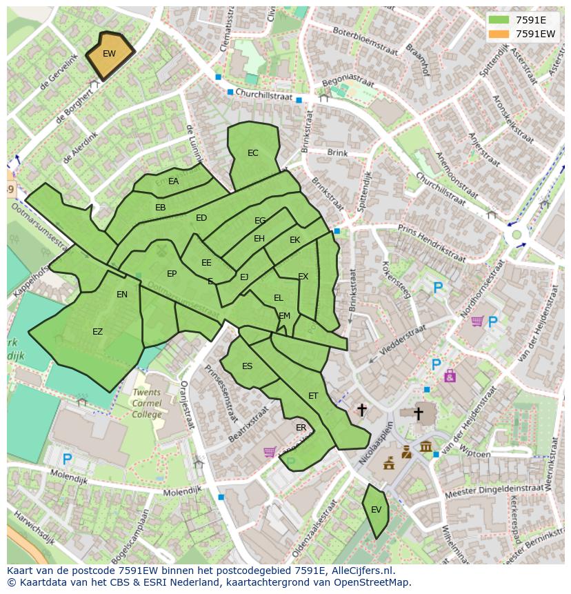 Afbeelding van het postcodegebied 7591 EW op de kaart.