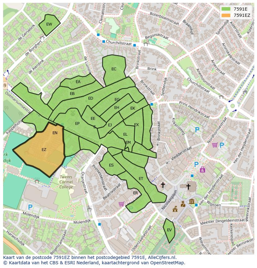 Afbeelding van het postcodegebied 7591 EZ op de kaart.