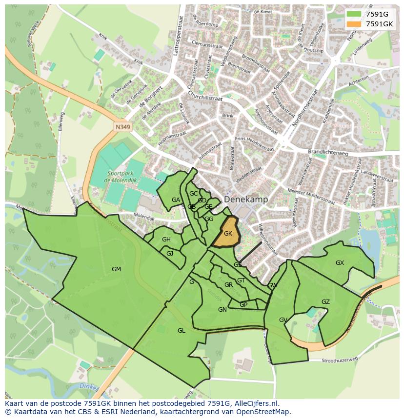 Afbeelding van het postcodegebied 7591 GK op de kaart.