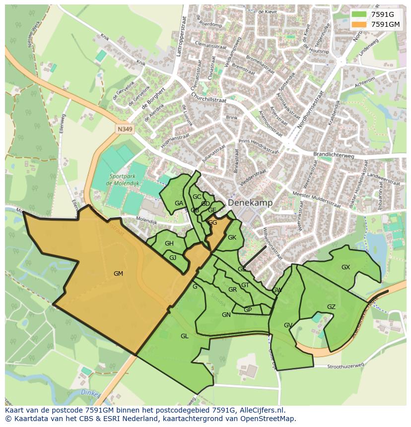 Afbeelding van het postcodegebied 7591 GM op de kaart.