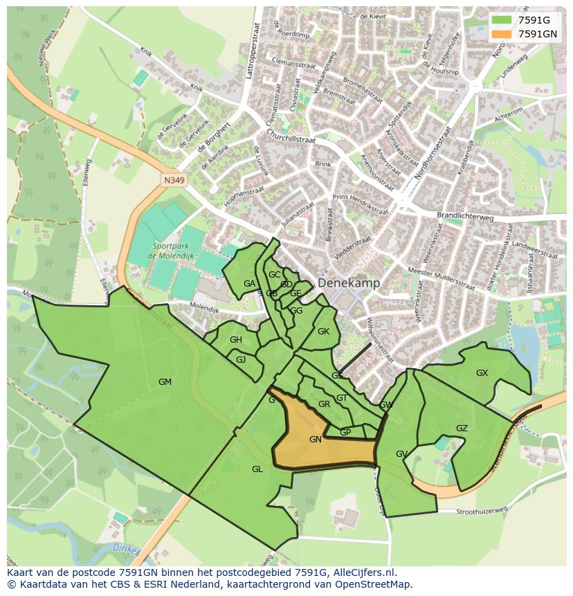 Afbeelding van het postcodegebied 7591 GN op de kaart.