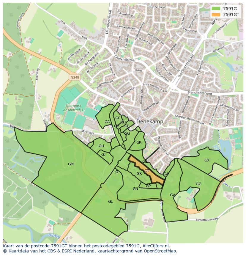 Afbeelding van het postcodegebied 7591 GT op de kaart.