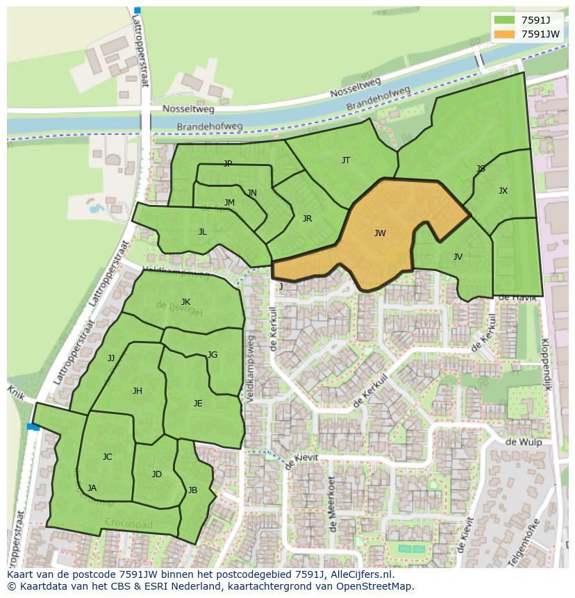 Afbeelding van het postcodegebied 7591 JW op de kaart.