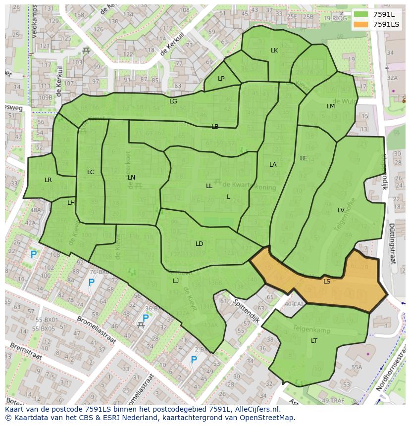 Afbeelding van het postcodegebied 7591 LS op de kaart.