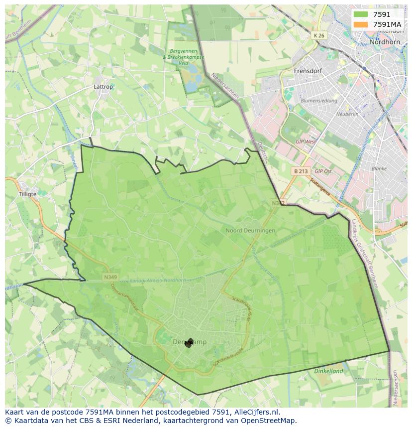 Afbeelding van het postcodegebied 7591 MA op de kaart.