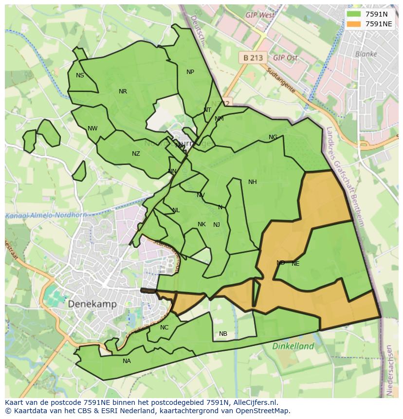 Afbeelding van het postcodegebied 7591 NE op de kaart.
