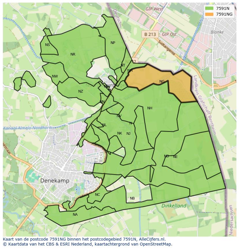 Afbeelding van het postcodegebied 7591 NG op de kaart.