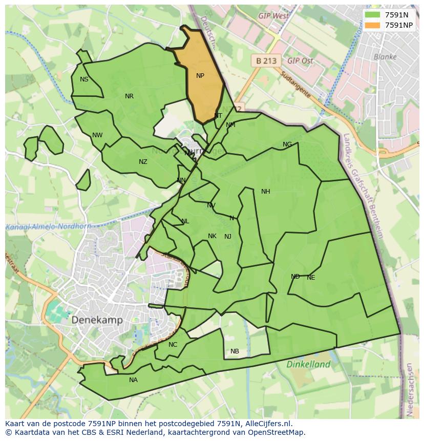 Afbeelding van het postcodegebied 7591 NP op de kaart.