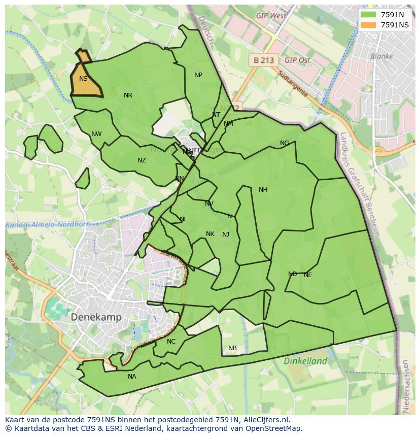 Afbeelding van het postcodegebied 7591 NS op de kaart.