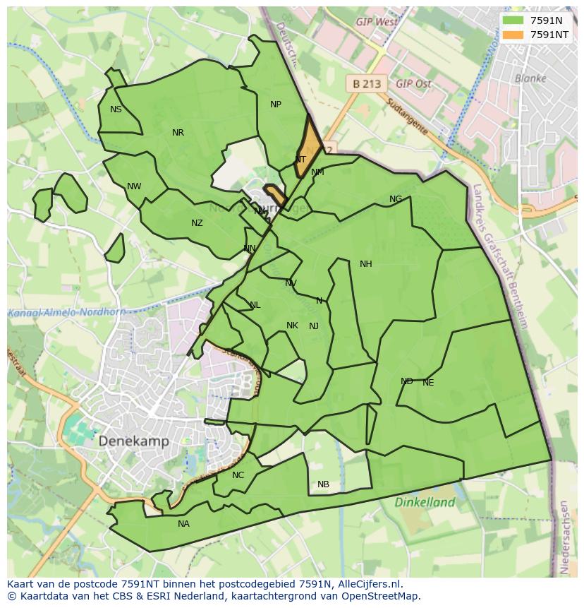 Afbeelding van het postcodegebied 7591 NT op de kaart.