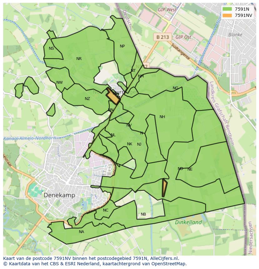 Afbeelding van het postcodegebied 7591 NV op de kaart.