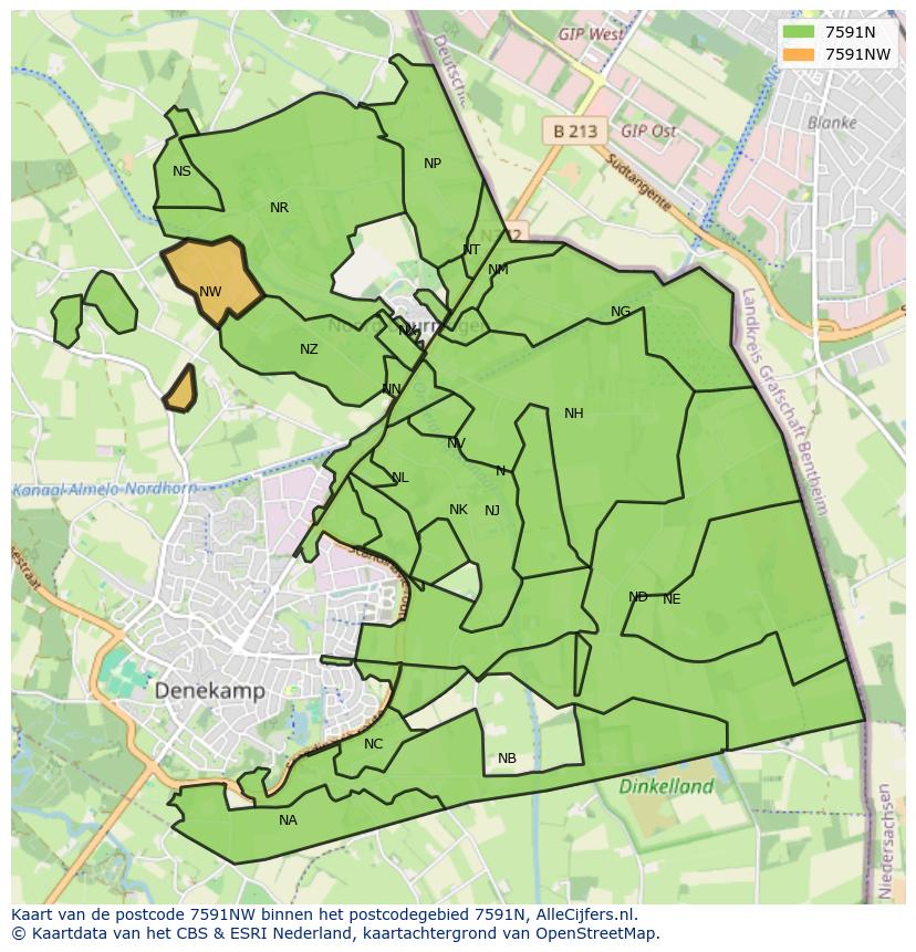 Afbeelding van het postcodegebied 7591 NW op de kaart.