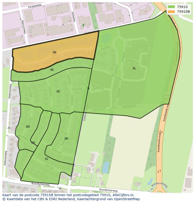 Afbeelding van het postcodegebied 7591 SB op de kaart.
