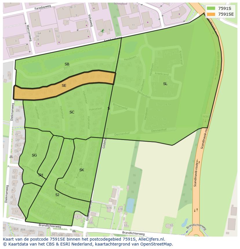 Afbeelding van het postcodegebied 7591 SE op de kaart.