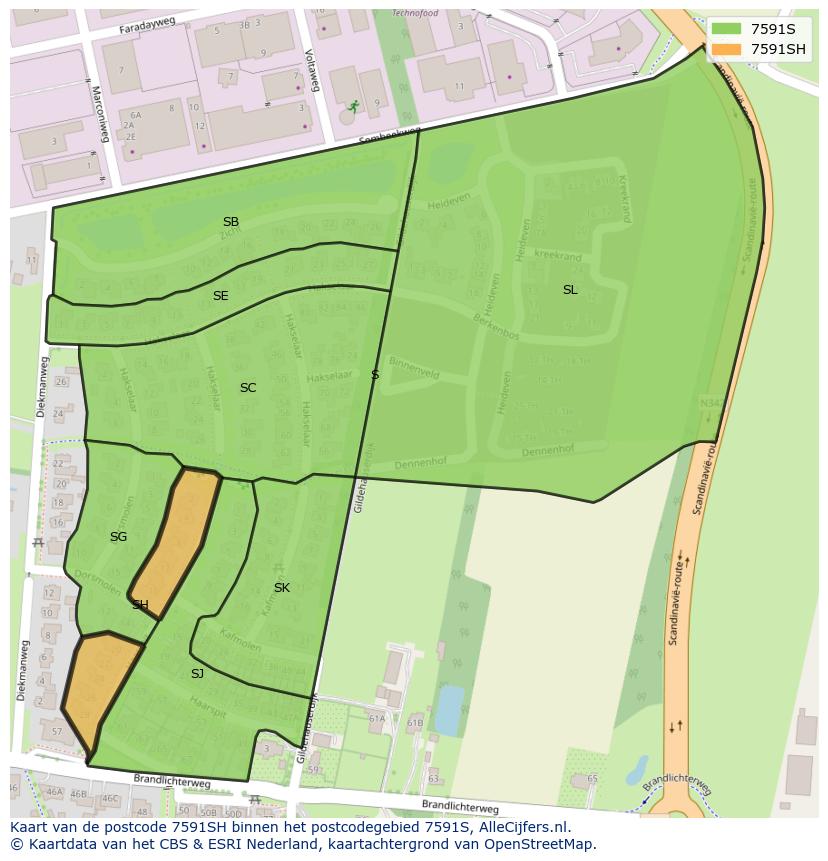 Afbeelding van het postcodegebied 7591 SH op de kaart.
