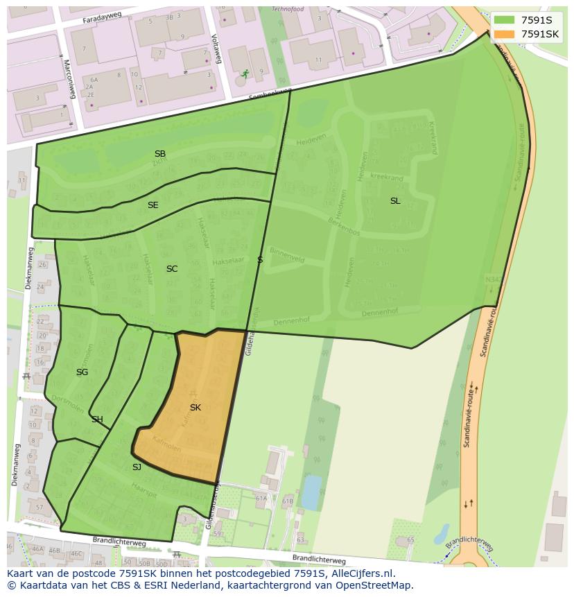 Afbeelding van het postcodegebied 7591 SK op de kaart.
