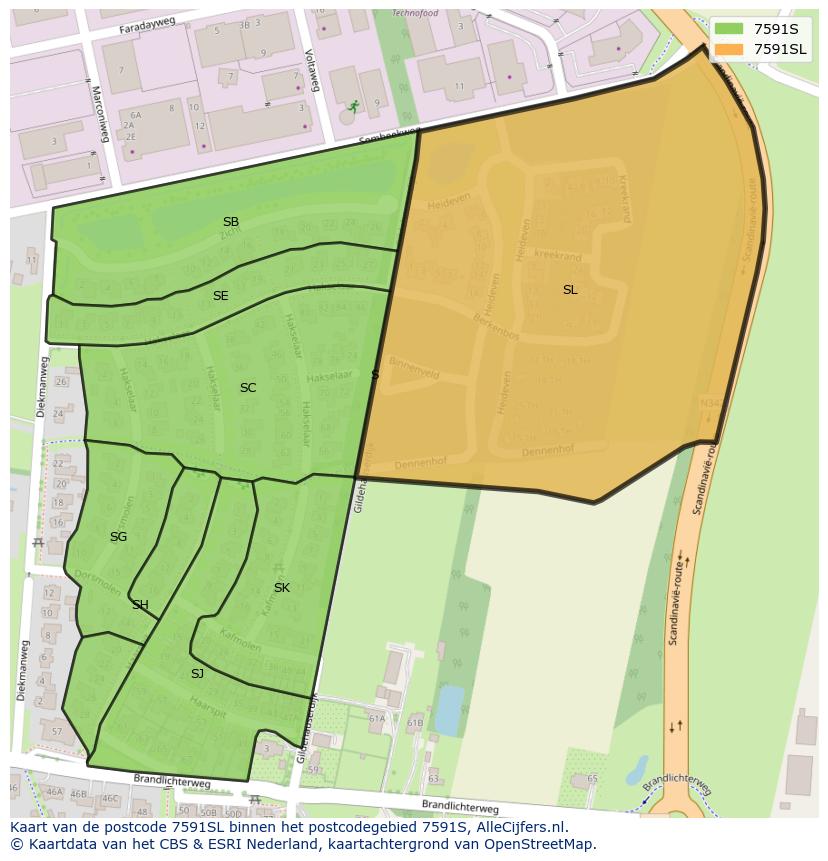 Afbeelding van het postcodegebied 7591 SL op de kaart.