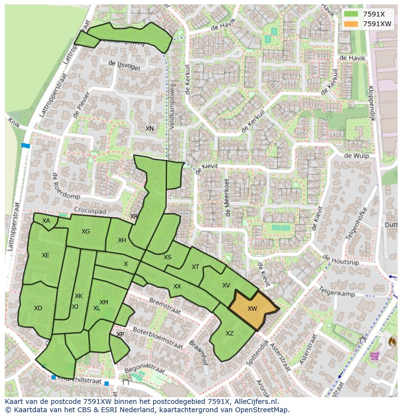 Afbeelding van het postcodegebied 7591 XW op de kaart.