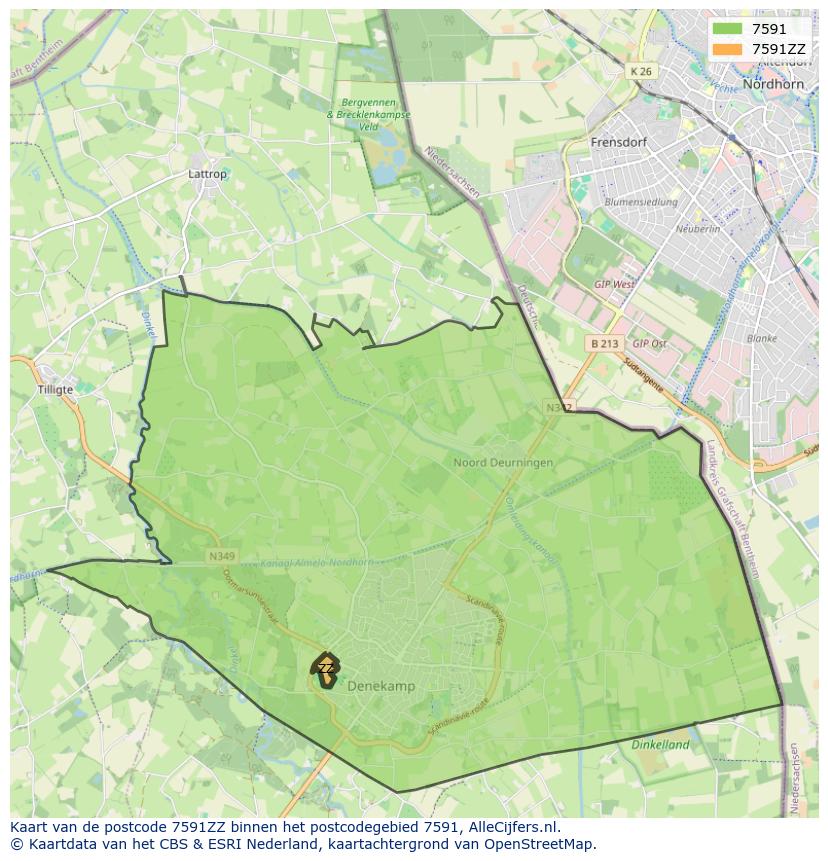 Afbeelding van het postcodegebied 7591 ZZ op de kaart.