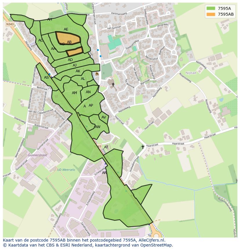 Afbeelding van het postcodegebied 7595 AB op de kaart.