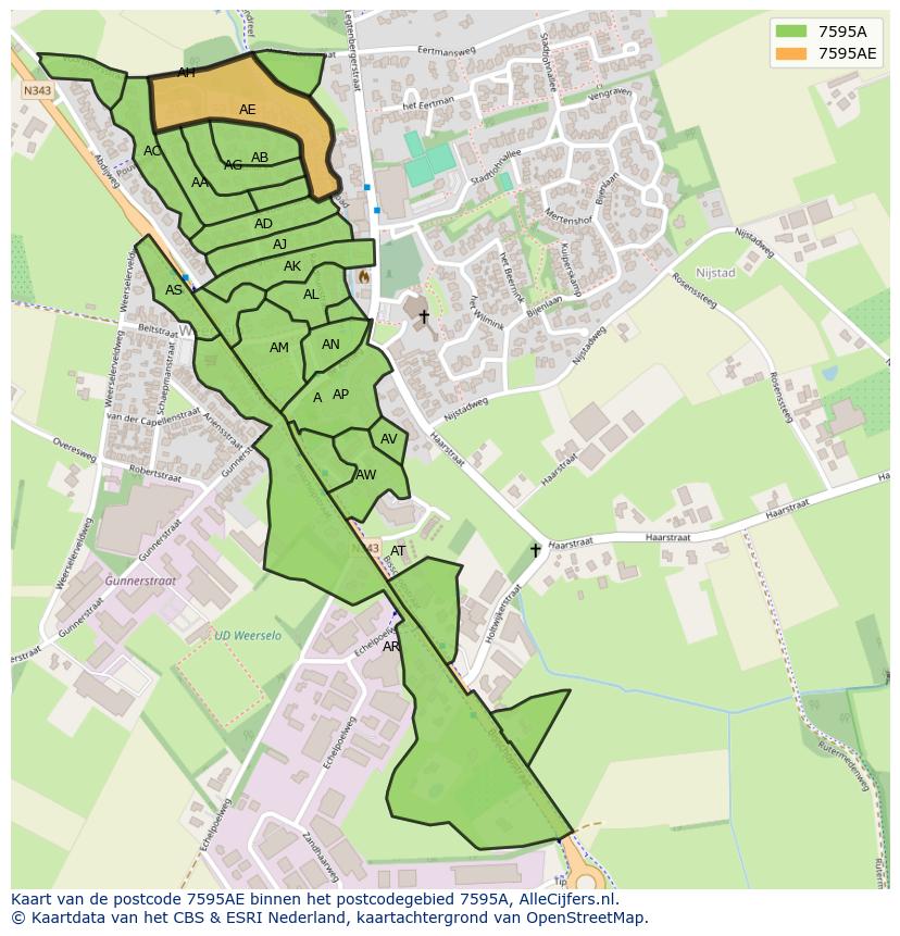 Afbeelding van het postcodegebied 7595 AE op de kaart.