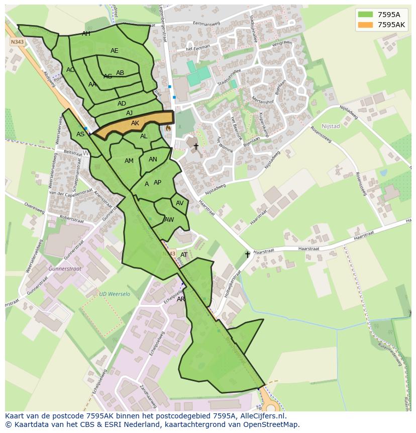 Afbeelding van het postcodegebied 7595 AK op de kaart.