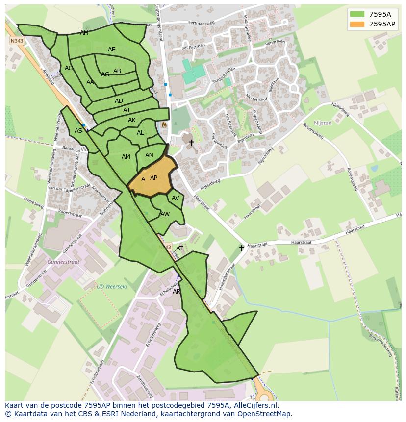 Afbeelding van het postcodegebied 7595 AP op de kaart.