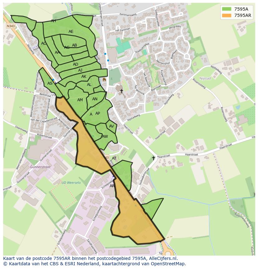 Afbeelding van het postcodegebied 7595 AR op de kaart.