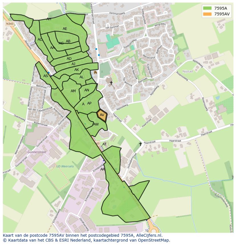 Afbeelding van het postcodegebied 7595 AV op de kaart.
