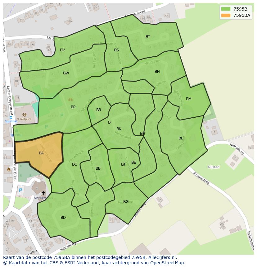 Afbeelding van het postcodegebied 7595 BA op de kaart.