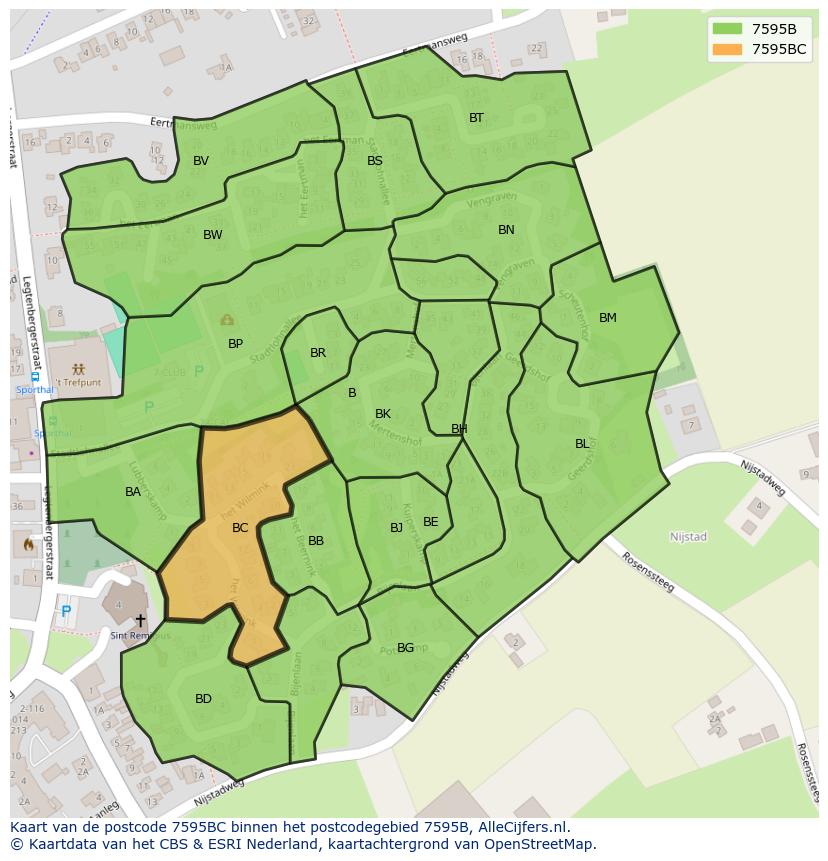Afbeelding van het postcodegebied 7595 BC op de kaart.